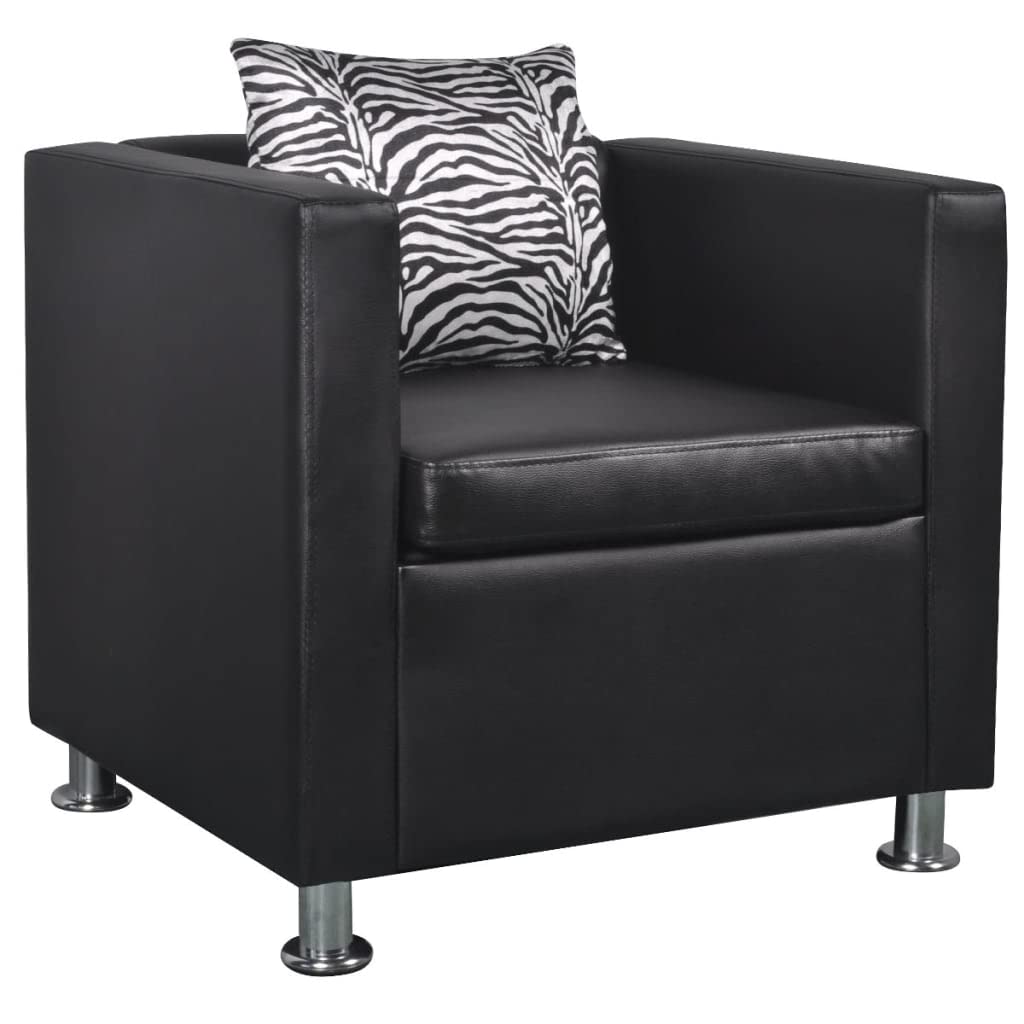 vidaXL Cube Armchair - Modern Design, Artificial Black Leather, Resistant, Thickly Padded Cushion, Wide-Seating Area, Durable - Includes Loose Pillow